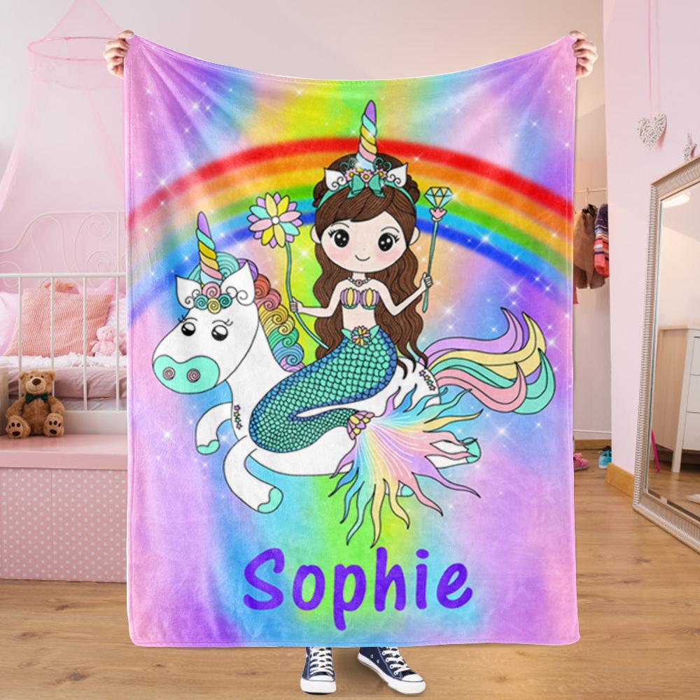 Custom Mermaid & Rainbow Unicorn Cozy Plush Fleece Blanket