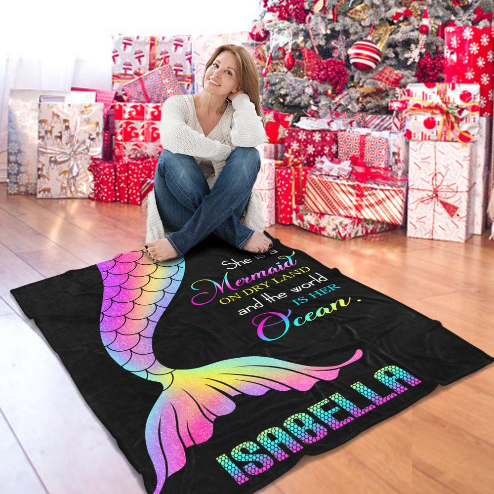 Personalized Name Rainbow Mermaid Tail Fleece Blanket