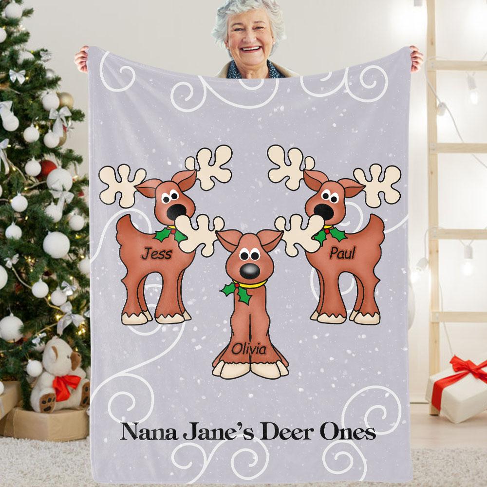Personalized Christmas Deer Cozy Plush Fleece Blanket with Grand-kids' Names
