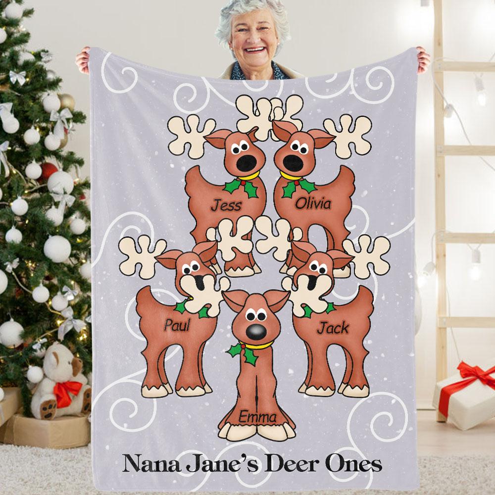 Personalized Christmas Deer Cozy Plush Fleece Blanket with Grand-kids' Names