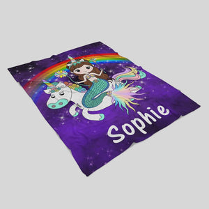 Custom Mermaid & Rainbow Unicorn Cozy Plush Fleece Blanket Purple