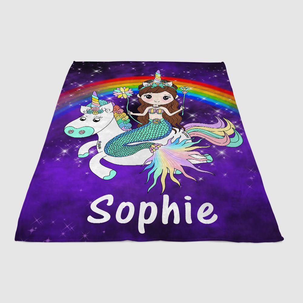 Custom Mermaid & Rainbow Unicorn Cozy Plush Fleece Blanket Purple
